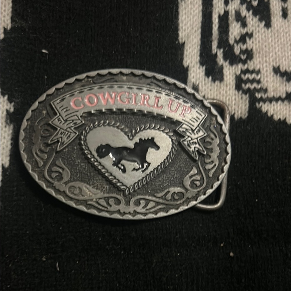 Cowgirl Up Belt Buckle with Horse Design